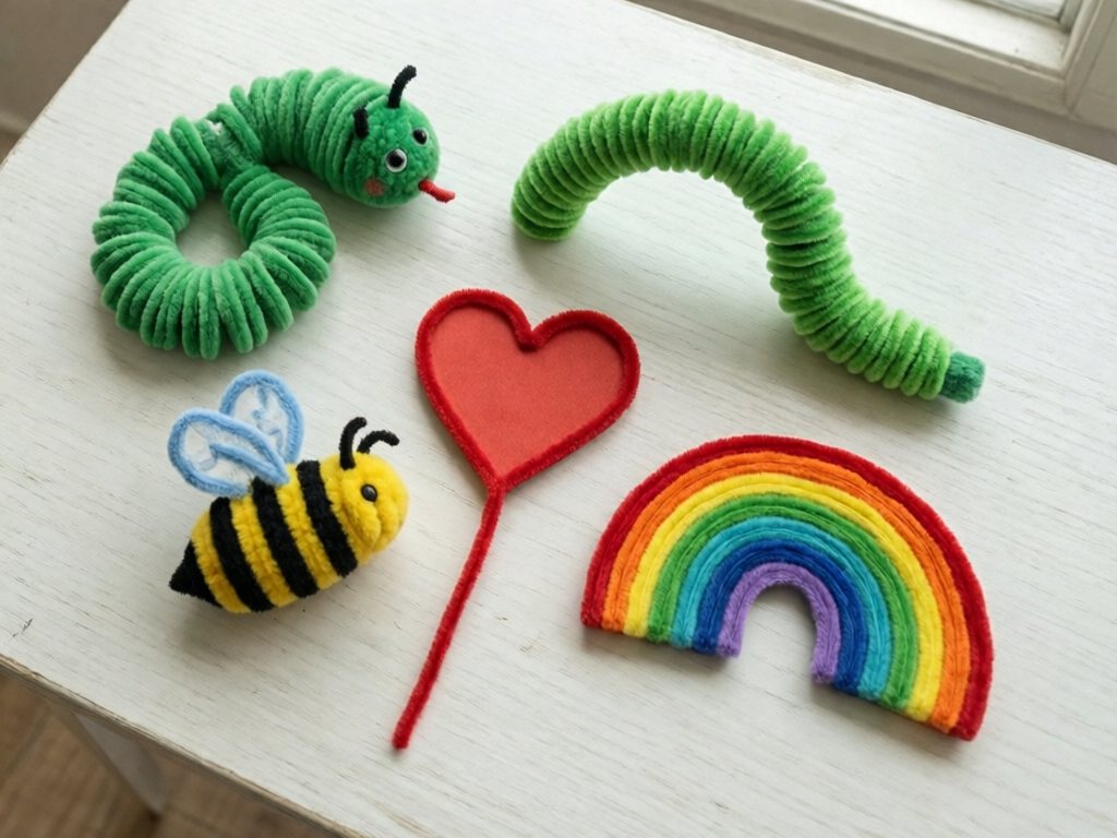 Spiral snake, caterpillar, heart bookmark, bumble bee and rainbow made of pipe cleaners