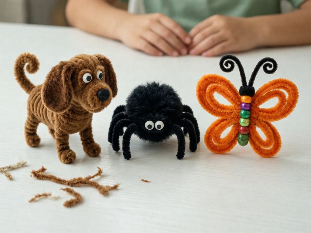 Pipe cleaner dog with googly eyes, black pom-pom spider and beaded butterfly lined up on a white table