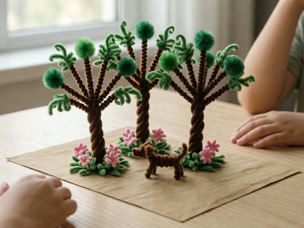 Small forest scene of brown pipe cleaner trees with green pom-pom leaves, flowers and a pipe cleaner dog