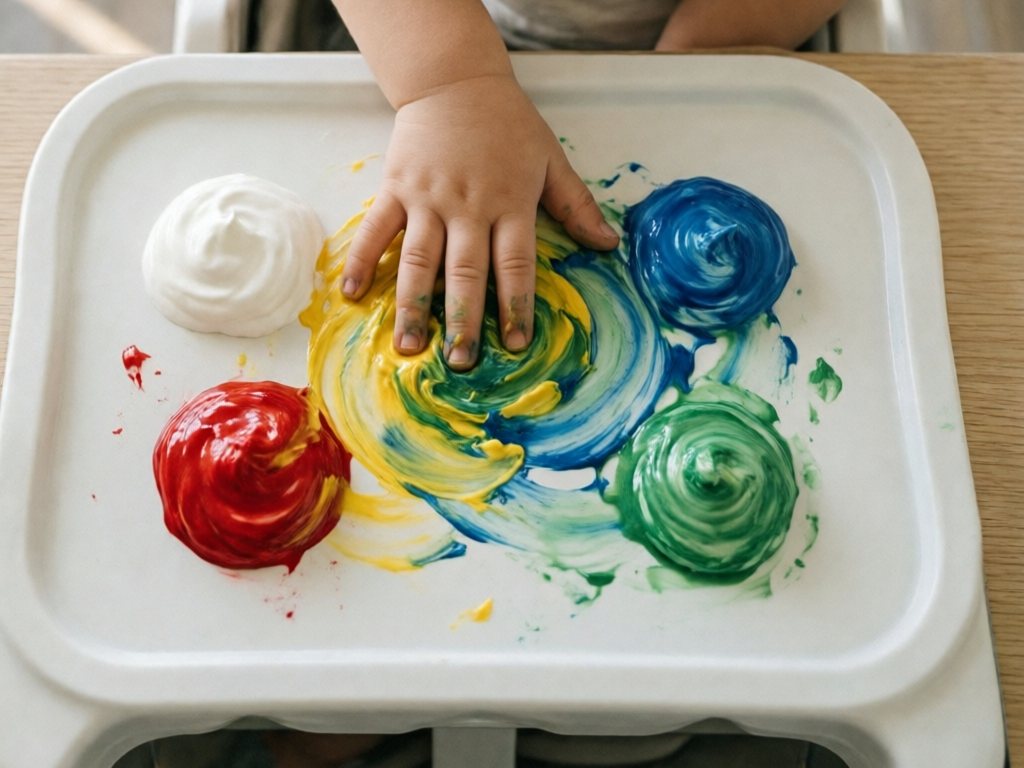 Toddler hand swirling colored yogurt finger paint on a white highchair tray