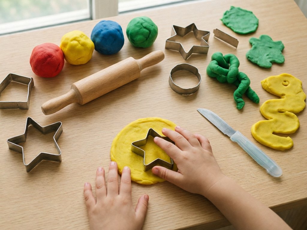 Toddler hand pressing a cookie cutter into yellow playdough among colorful dough snakes and shapes