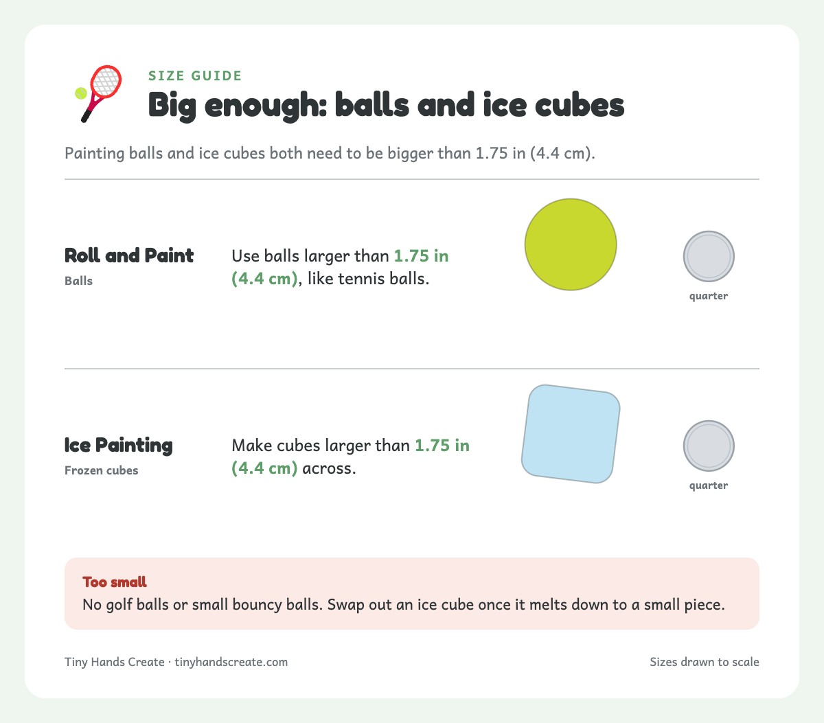 Size guide: balls and ice cubes must be larger than 1.75 inches (4.4 cm), drawn next to a quarter