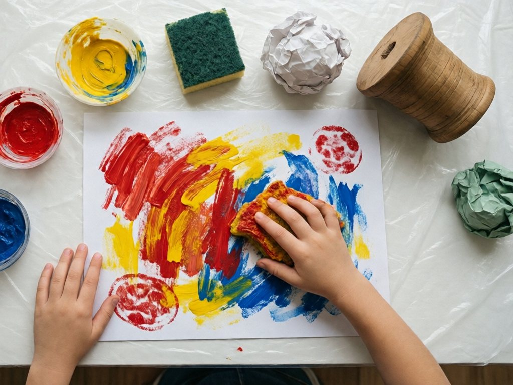 Paper with bold paint stamps beside a sponge, crumpled paper and a spool in shallow paint dishes