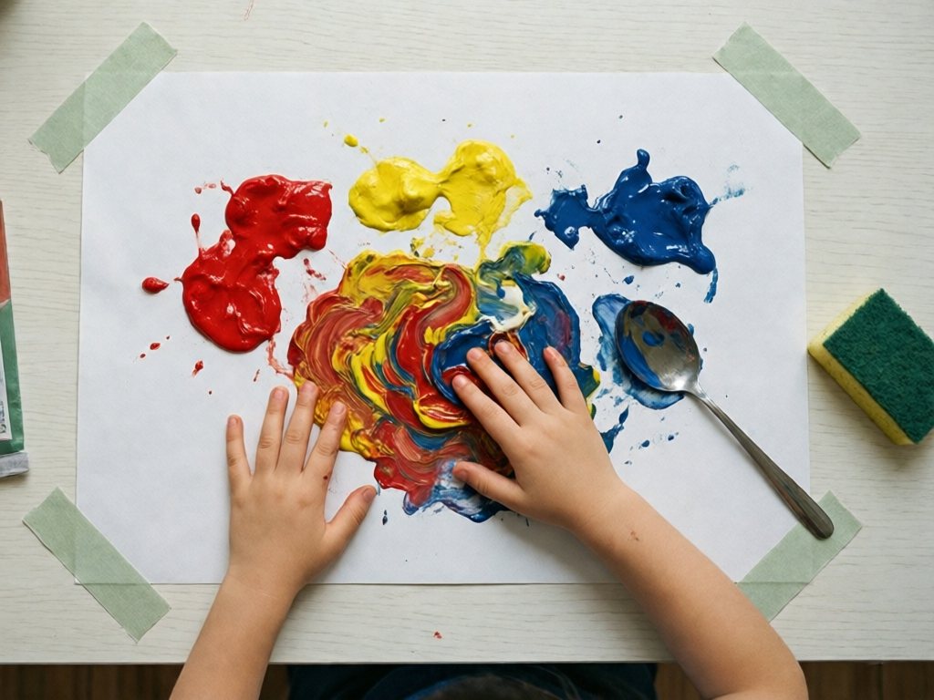 A small hand squishing red, yellow and blue paint across taped-down paper
