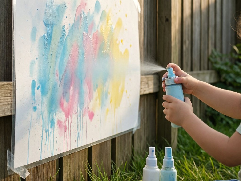 Child's hand spraying diluted paint at paper taped to a fence outdoors