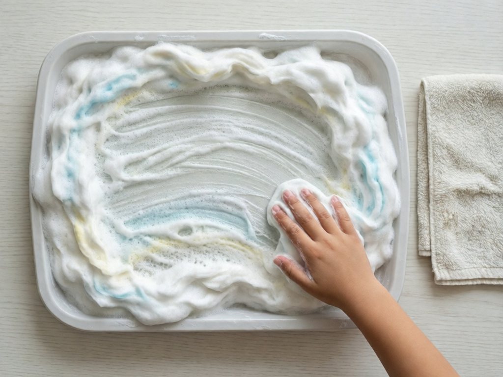 Child's hand tracing lines through a pile of white shaving foam on a tray