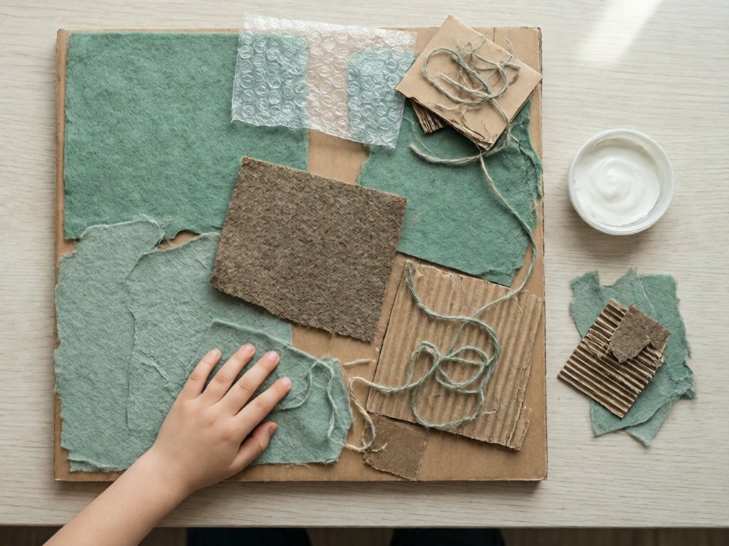 Cardboard collage of fabric, sandpaper, bubble wrap and yarn with a hand pressing a piece down