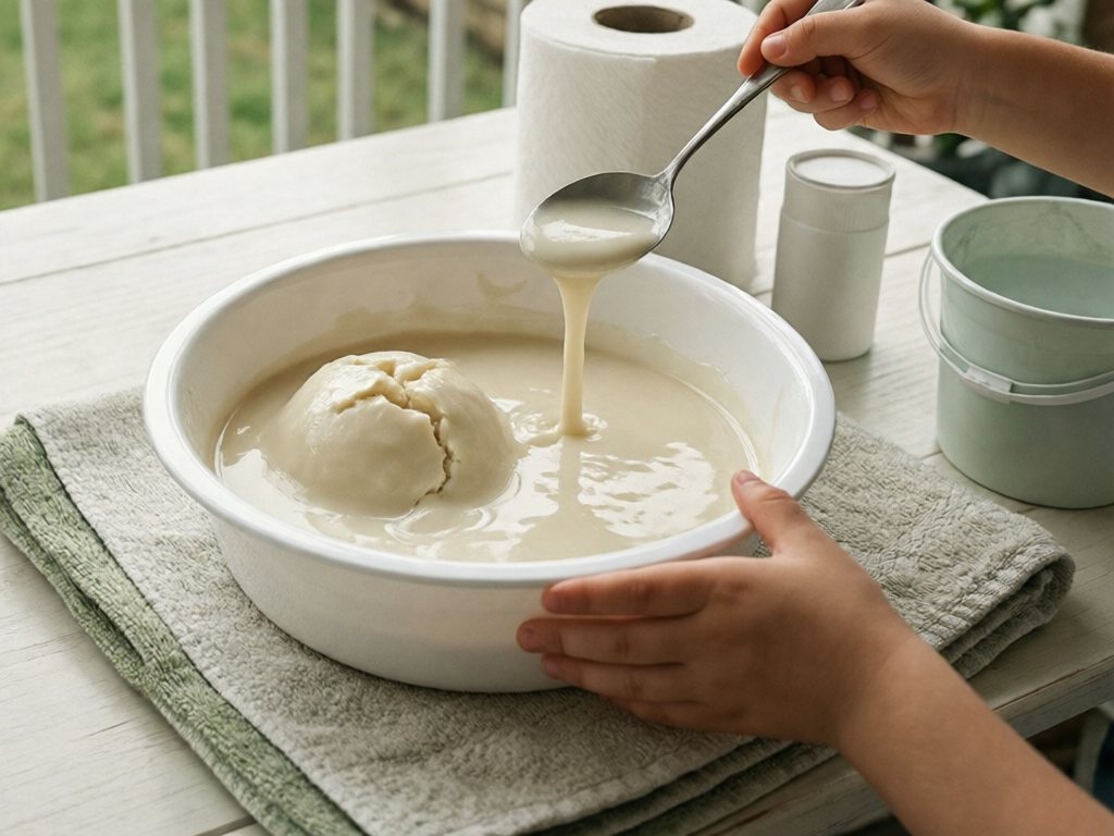 Shallow bin of oobleck on a towel with a child's hand lifting a drip from a spoon