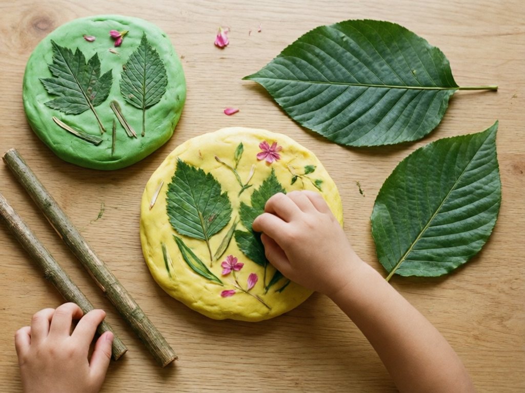 Yellow and green playdough pressed with leaves, sticks and flower petals
