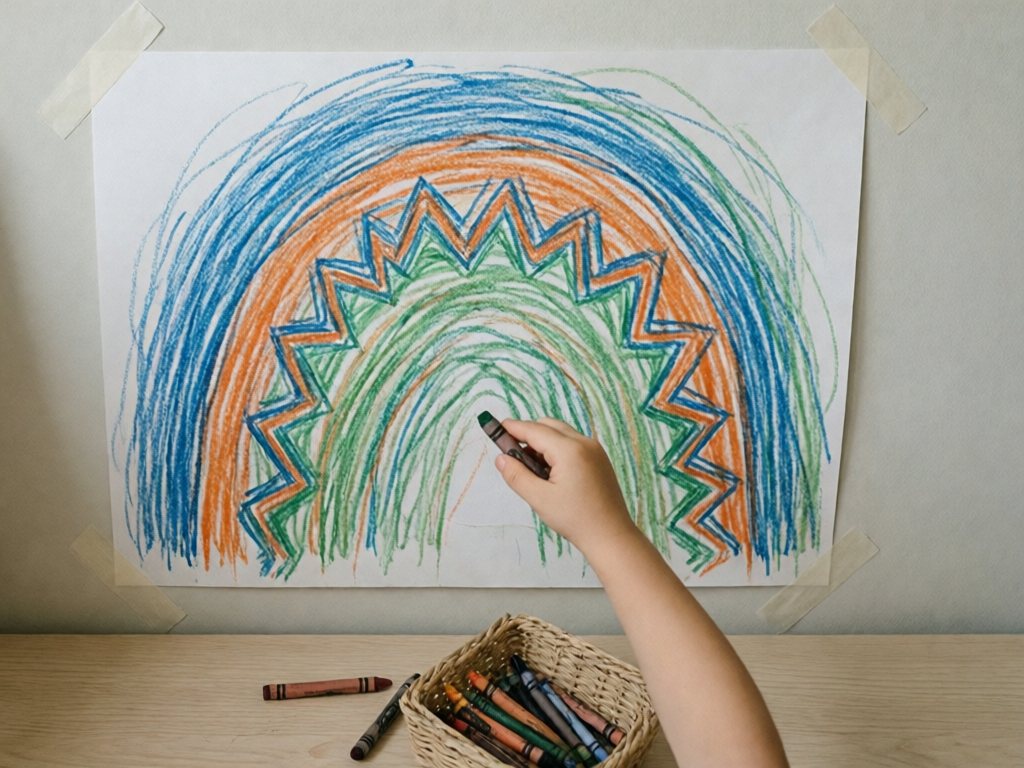 Child's hand drawing tall crayon strokes on paper taped to a wall