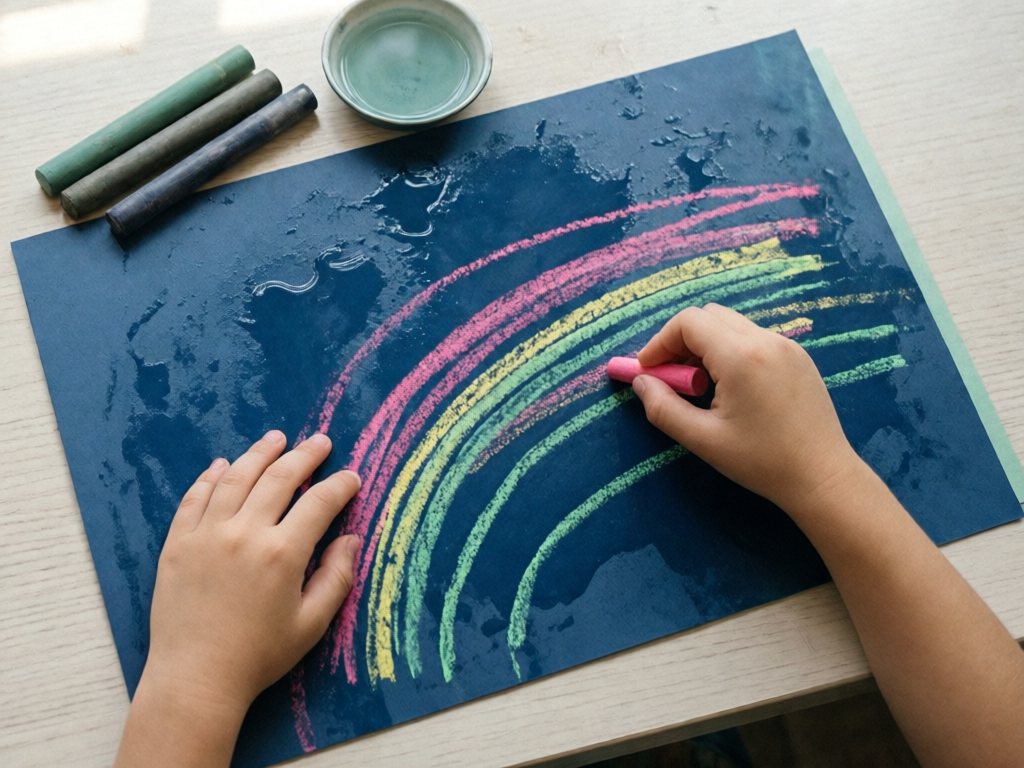 Bright chalk lines on damp dark blue paper with a child's hand drawing