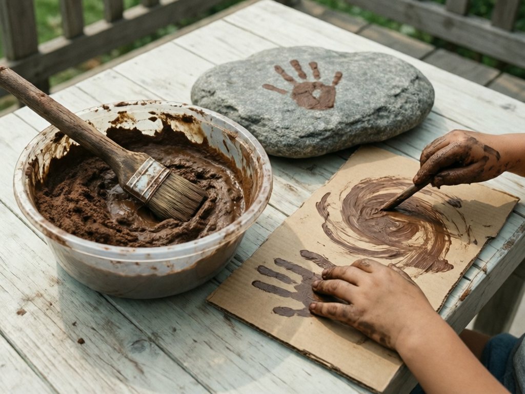 Bowl of brown mud with mud-painted cardboard and rock and a muddy child's hand painting