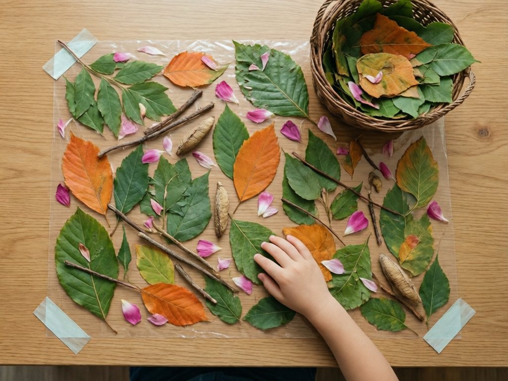 Contact paper with leaves, petals and sticks stuck on, and a child's hand pressing a leaf