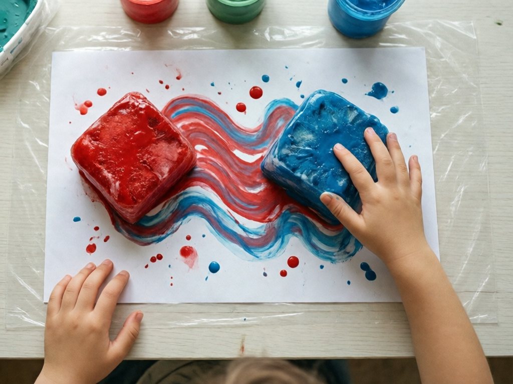 Large red and blue frozen paint cubes melting into trails on white paper under a child's hand