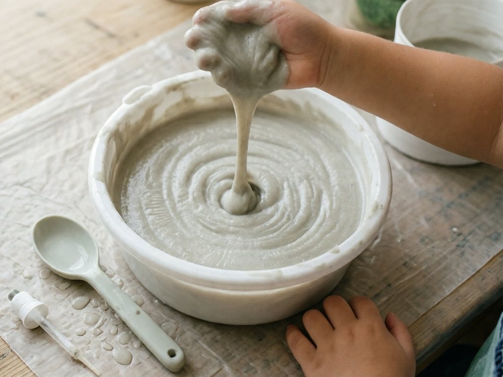 Toddler hand lifting dripping oobleck from a shallow white bin