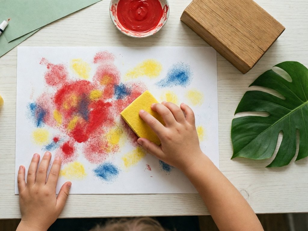 Toddler hand pressing a sponge onto paper with red, yellow and blue prints beside paint, a wooden block and a green leaf