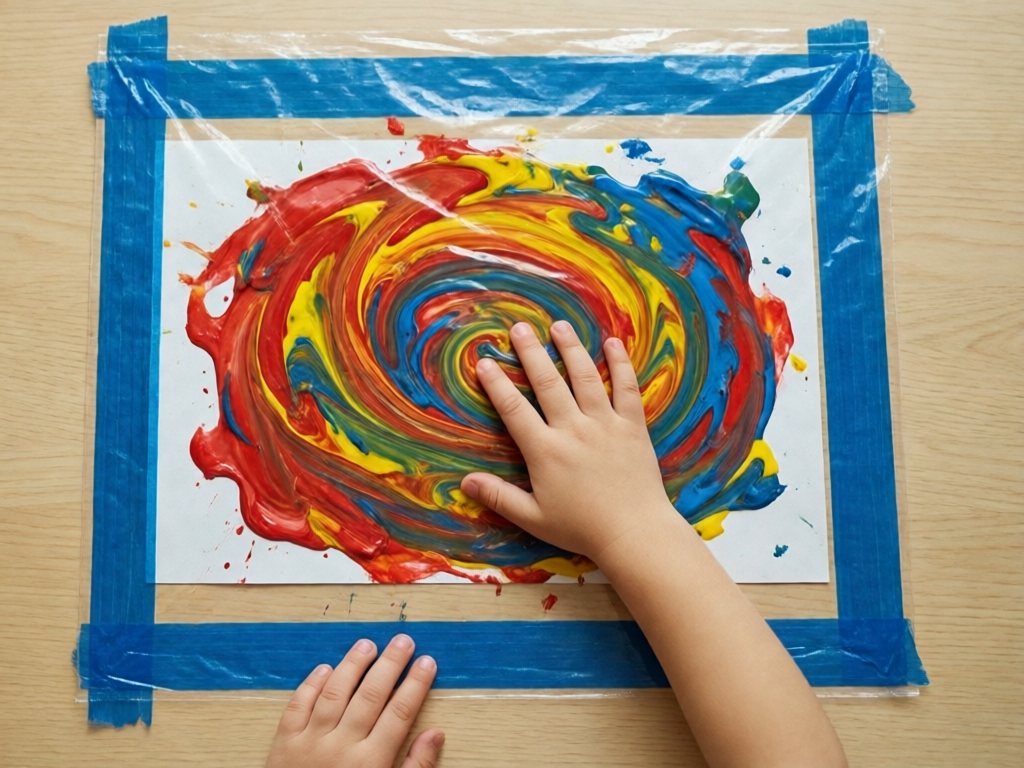 Clear bag of red, yellow and blue paint taped flat to a wooden table, with a toddler hand pressing the paint