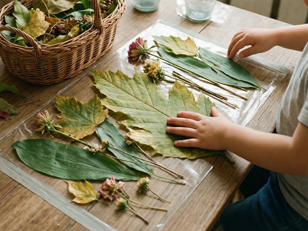 Toddler hand pressing a leaf onto sticky contact paper with flowers and sticks