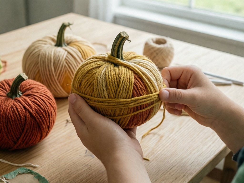 Child's hands wrapping mustard and cream yarn around a mini pumpkin beside two finished yarn pumpkins