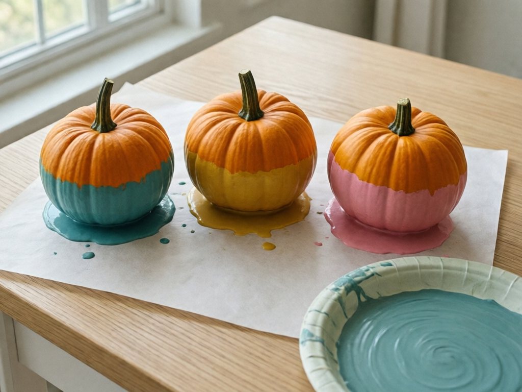 Three mini pumpkins dipped in teal, mustard and pink paint drying stem-up on wax paper