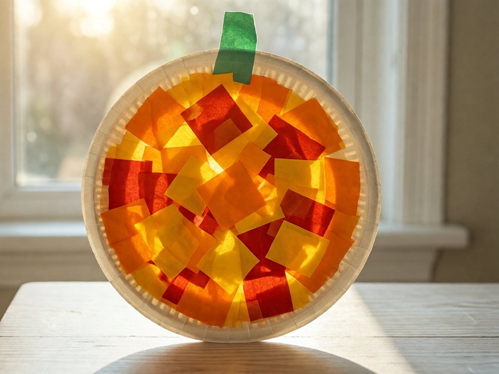 Paper plate pumpkin filled with orange, yellow and red tissue squares glowing in a sunny window