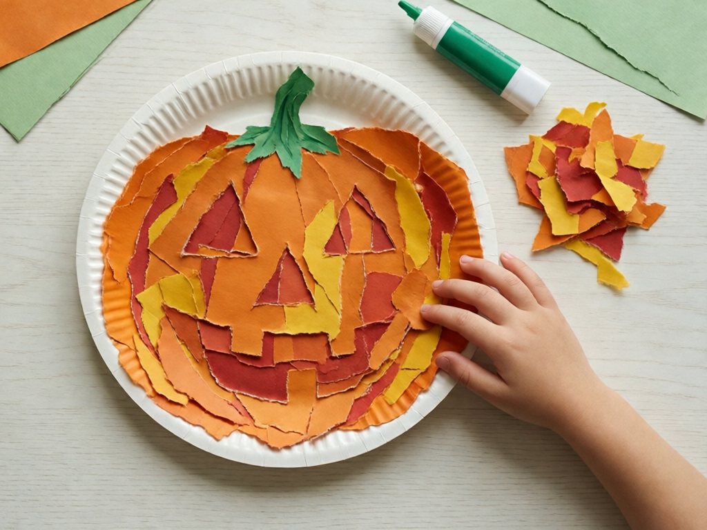 Paper plate pumpkin made of torn orange, red and yellow paper pieces with a child's hand pressing one down