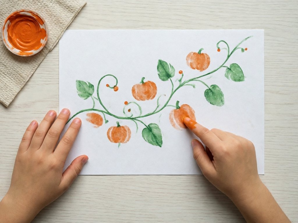 Paper with a green vine, orange fingerprint pumpkins and green thumbprint leaves, with a finger adding a print