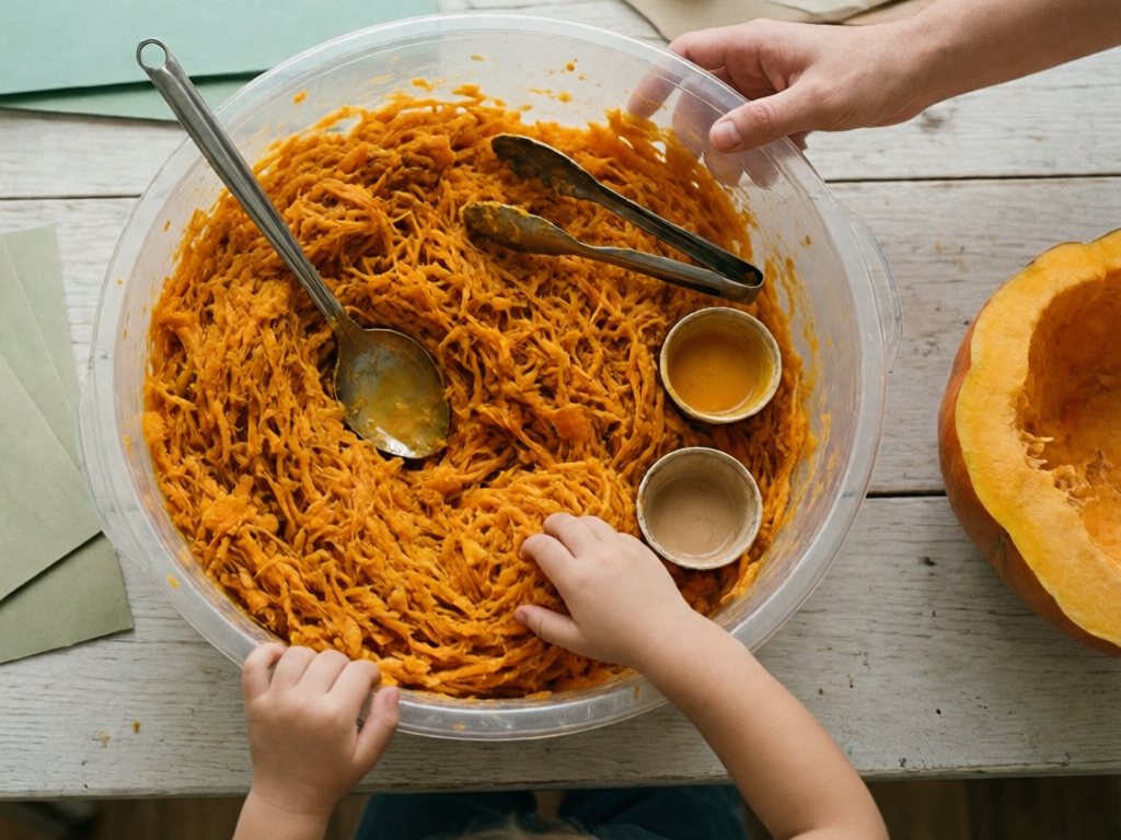 Bin of stringy orange pumpkin pulp with spoon, tongs and cups and a child's hands digging in