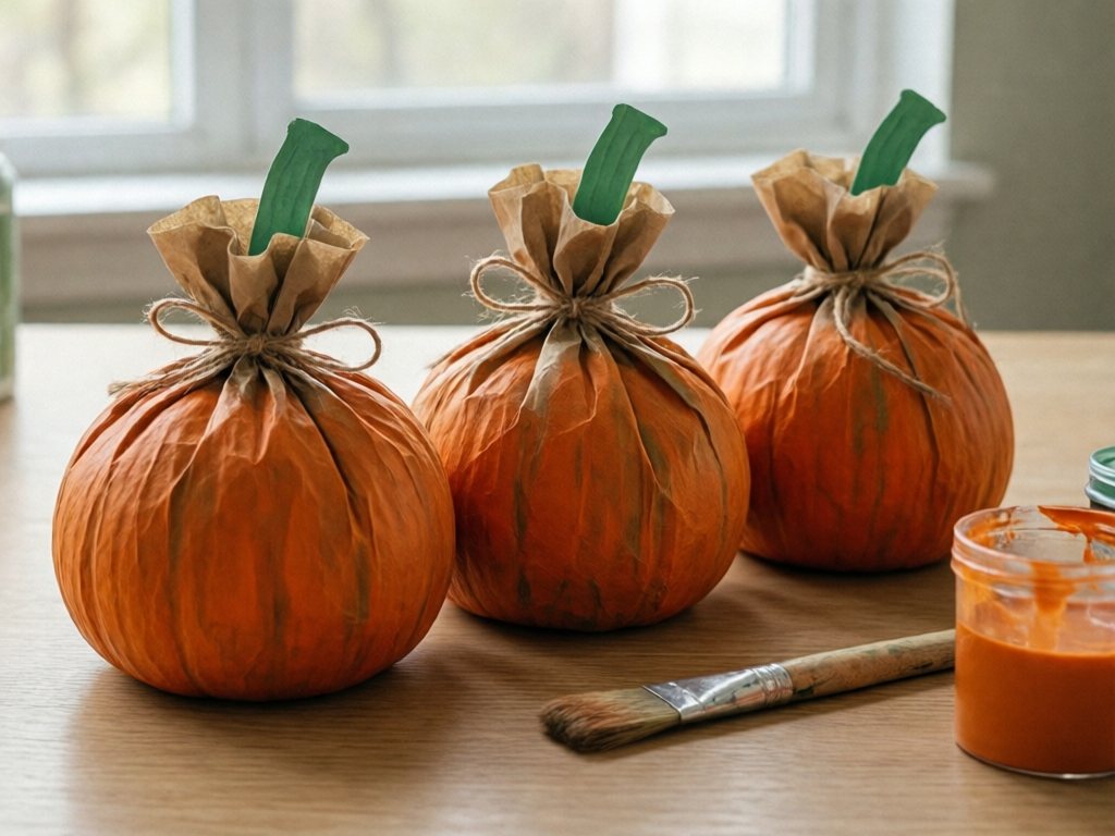 Three orange painted paper bag pumpkins with green paper stems in a row on a table