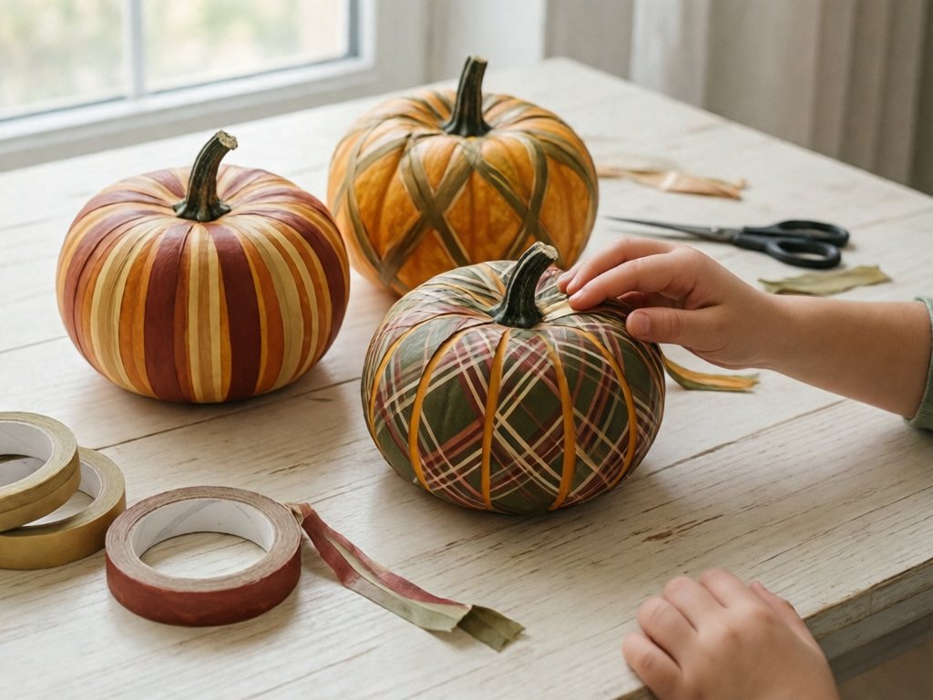 Mini pumpkins decorated with striped, X-pattern, and plaid washi tape while a child's hand adds a strip