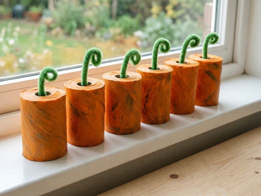 Six orange toilet paper roll pumpkins with green pipe cleaner stems lined up on a sunny windowsill