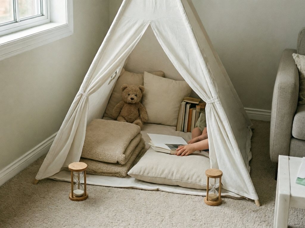 Stable white play tent with the flap tied open, cushions, a blanket, picture books and a sand timer in a living room corner, set up as a quiet time zone