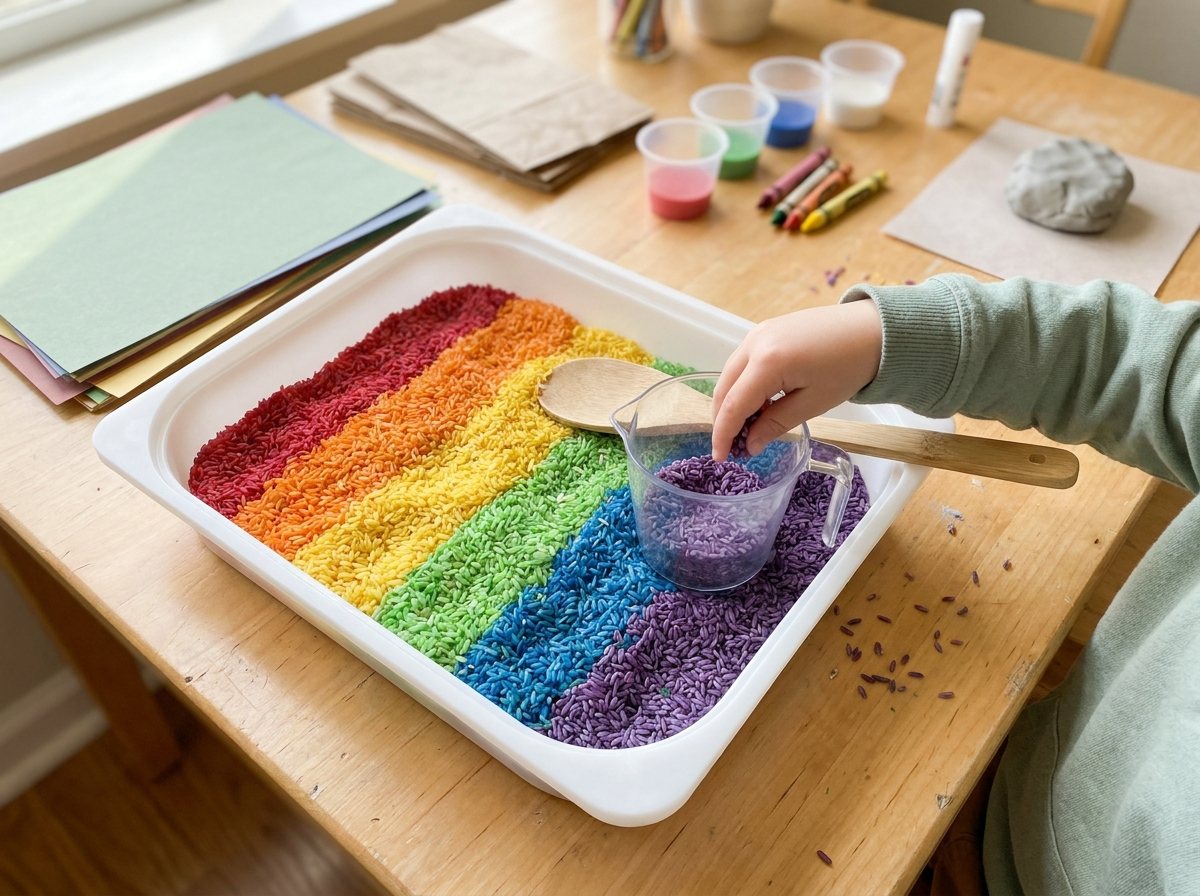 Shallow tray of red, orange, yellow, green, blue and purple rainbow rice with measuring cups and a child's hand scooping