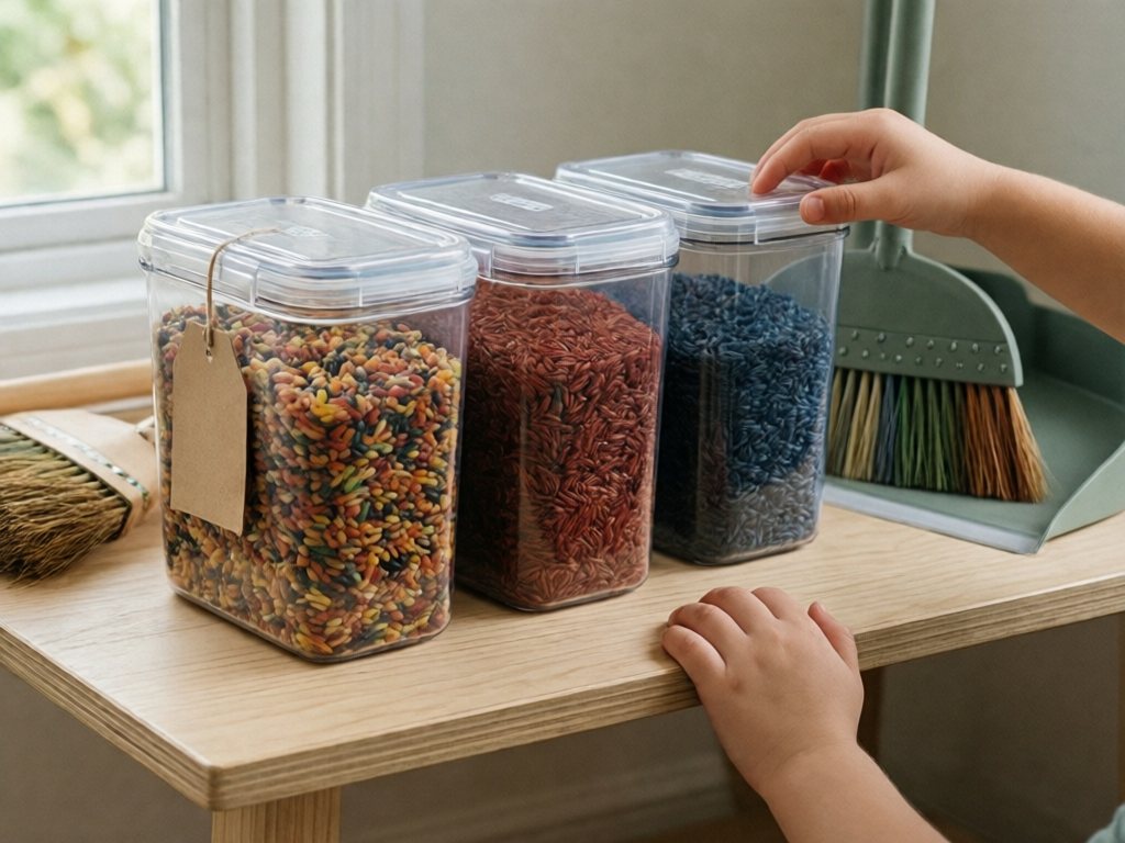 Clear airtight containers of dry rainbow rice stored on a shelf with a hand broom beside them