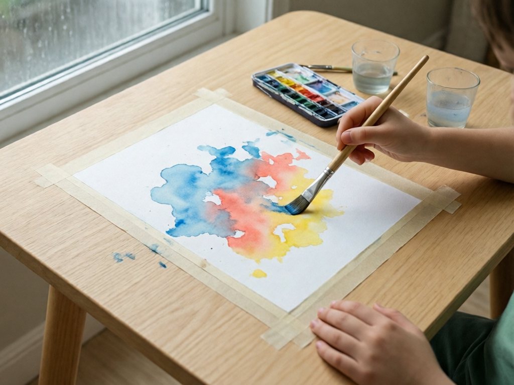 Child's hand painting loose watercolor washes on paper taped to a wooden table beside a paint set and water cup