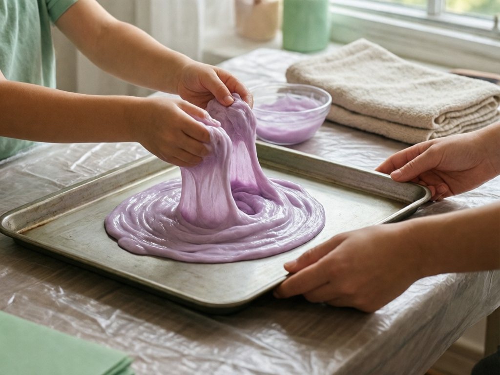 Child's hands stretching lavender slime over a cookie sheet with an adult hand nearby