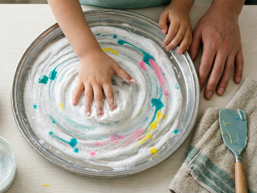 Child's fingers swirling teal, pink and yellow food coloring through white shaving cream on a rimmed baking tray, with an adult's hand resting nearby
