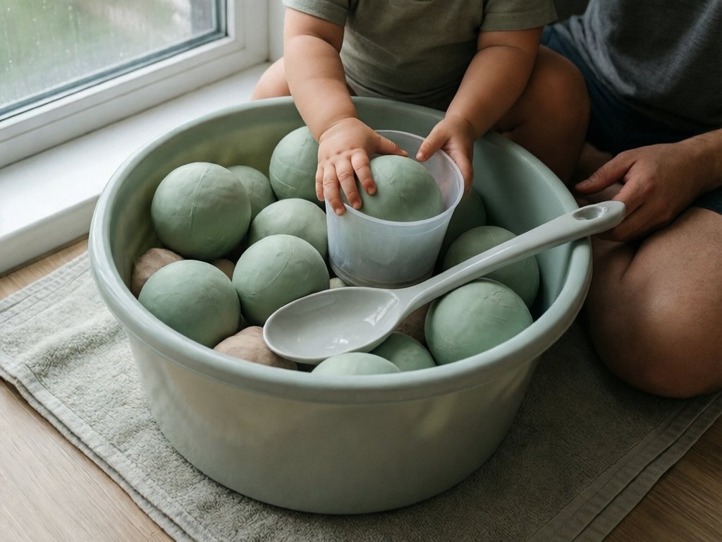 Toddler's hands scooping large soft balls with a big plastic cup from a shallow bin on a towel, with an adult sitting beside the bin