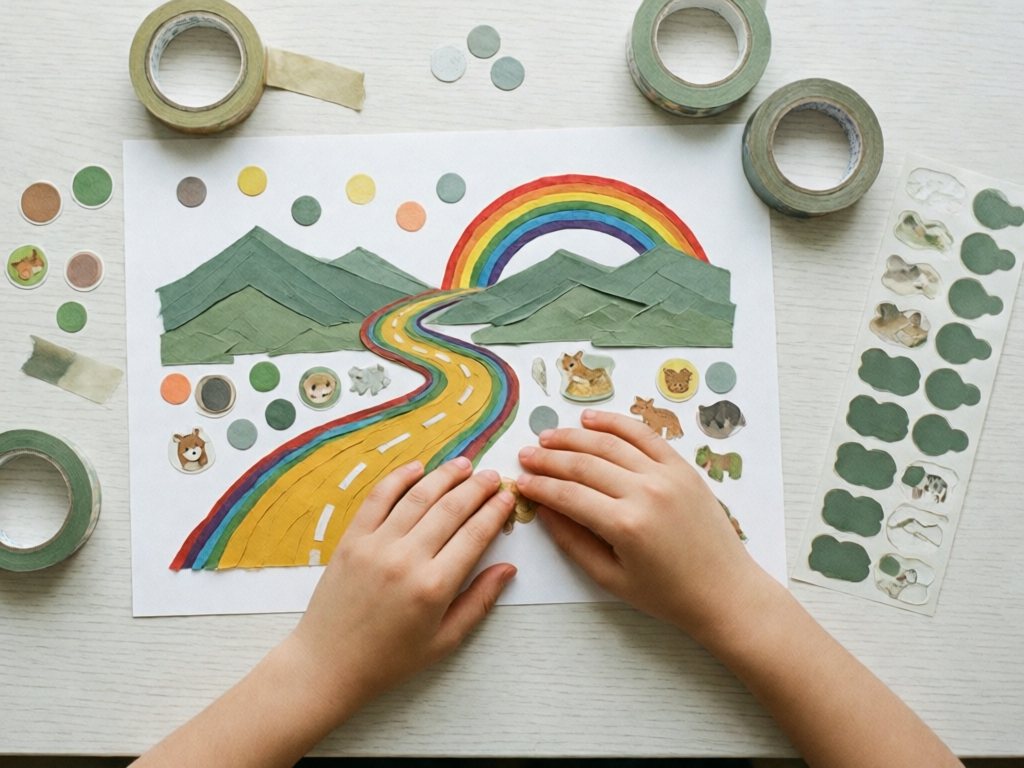 Child's hand placing a sticker on a paper scene made of washi tape roads and hills