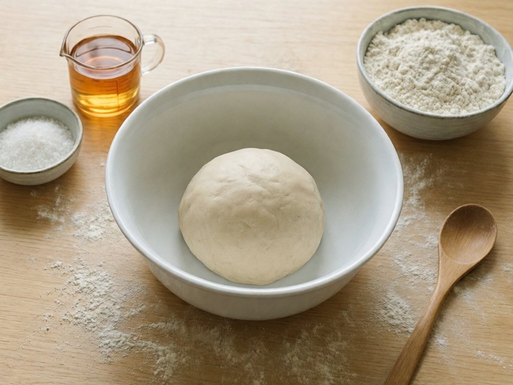 Smooth ball of cream salt dough in a white bowl with flour, salt and water beside it