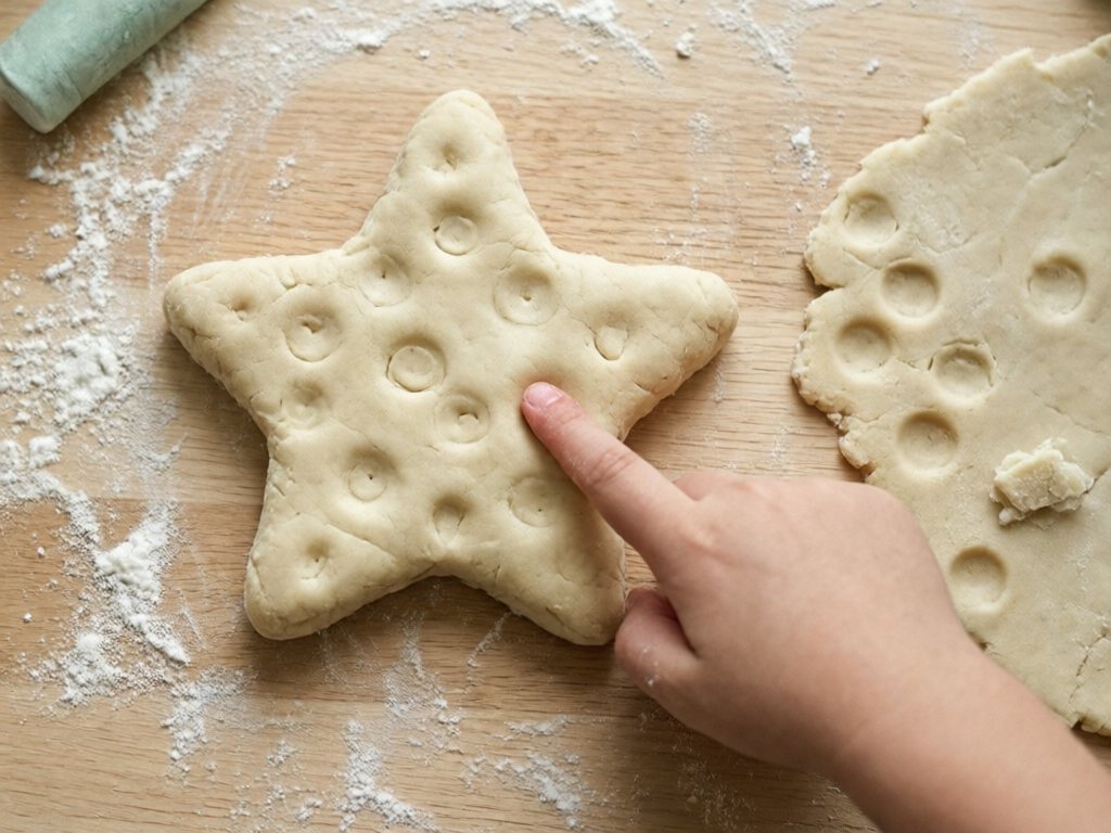 Cream salt dough star with thumb dimples and a toddler finger poking it