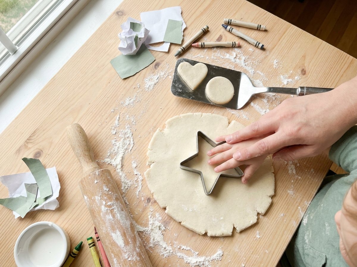 Toddler hand pressing a big star cookie cutter into rolled cream salt dough