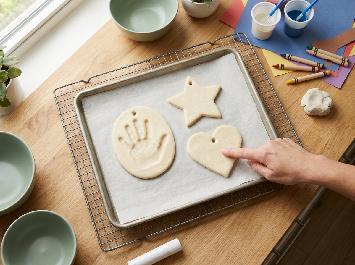 Pale baked salt dough ornaments on a wire rack with an adult finger tapping one