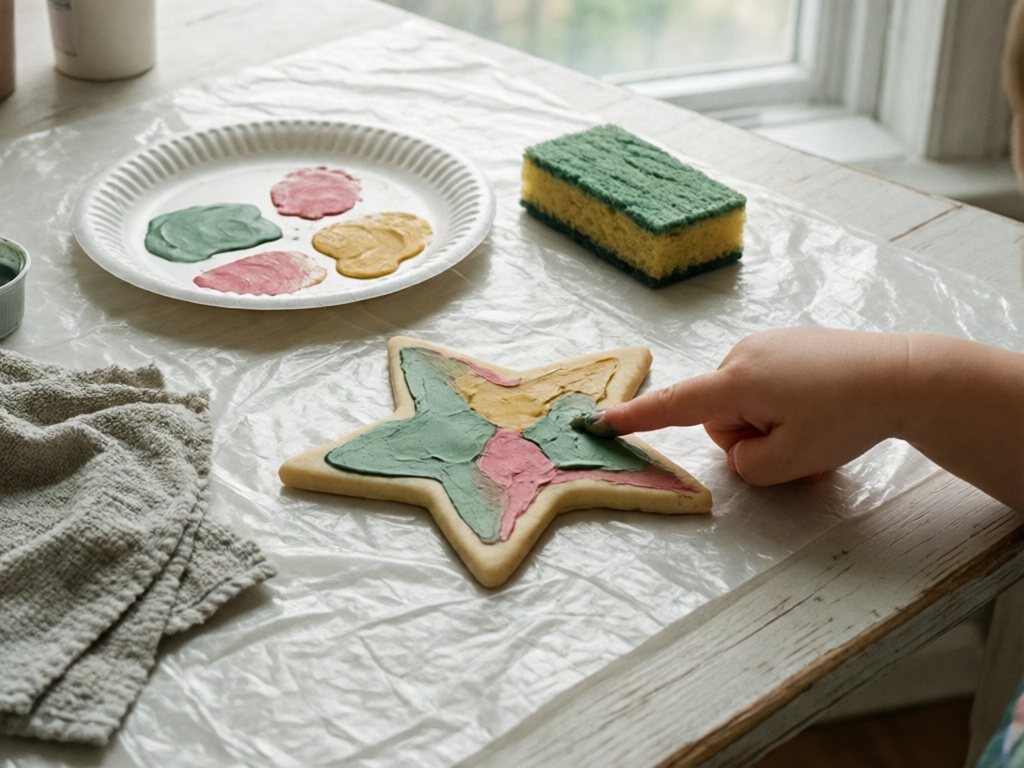Toddler finger painting a cream salt dough star with sage green paint