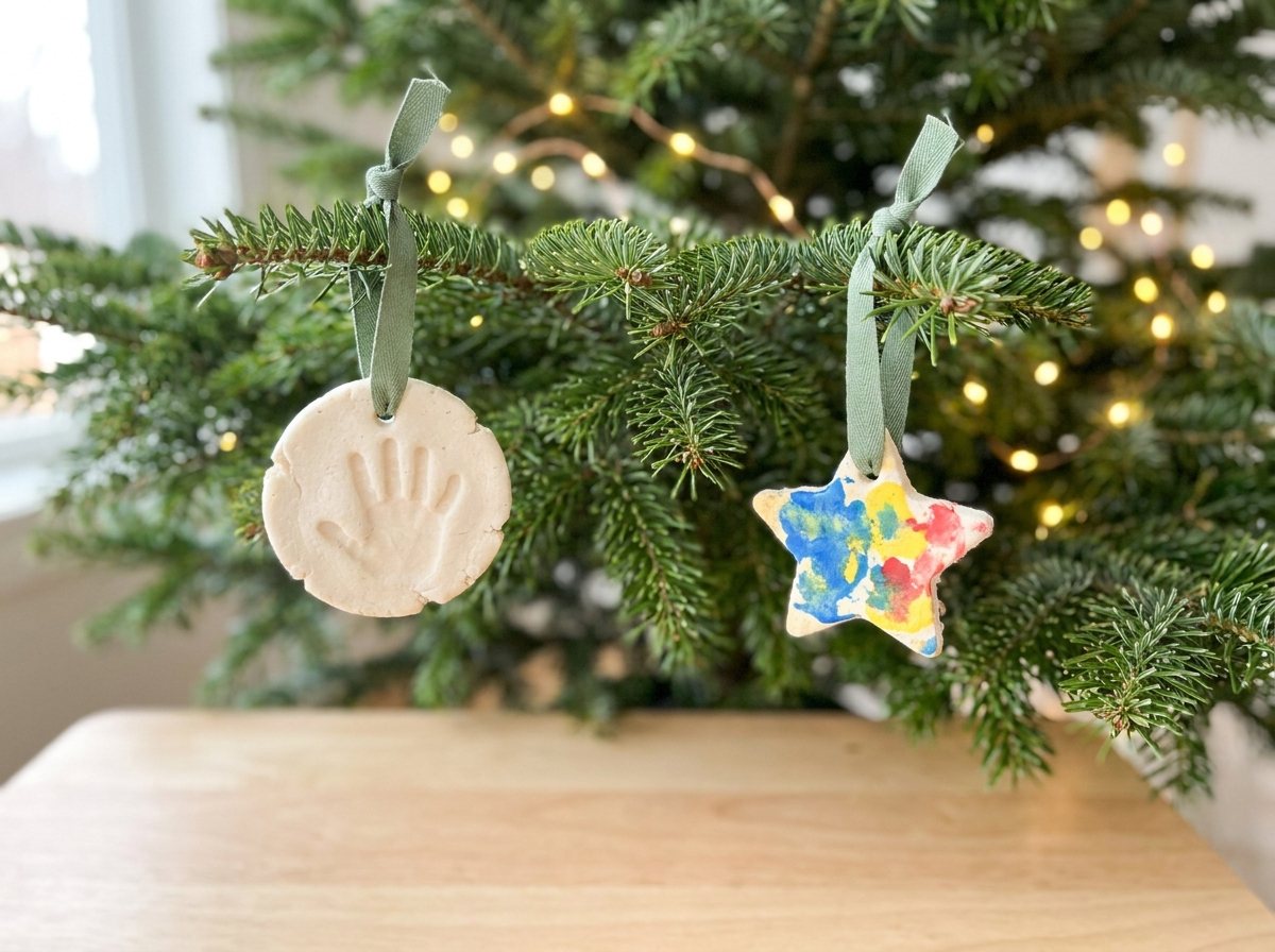 Salt dough ornaments hanging on high tree branches by short ribbon loops