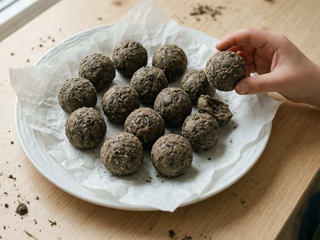 Plate of dry round 1-inch wildflower seed bombs on wax paper with an older child's hand holding one