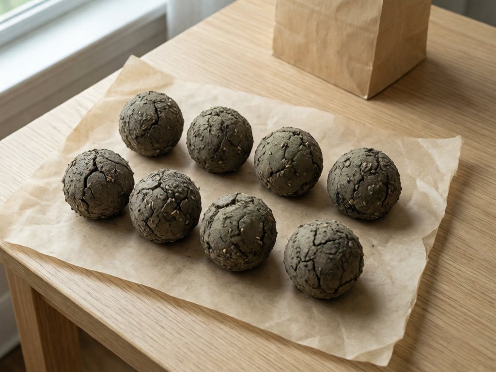 Eight dried 2-inch seed bombs flecked with seeds resting on wax paper