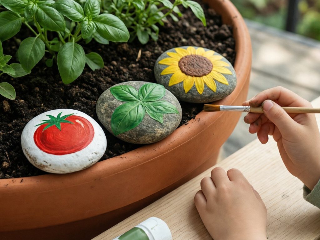 Three painted river rocks showing a tomato, basil leaf and sunflower beside an herb pot