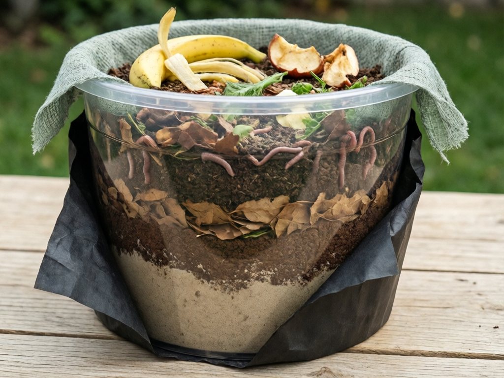 Clear plastic tub showing layers of sand, soil and leaves with worms visible against the side