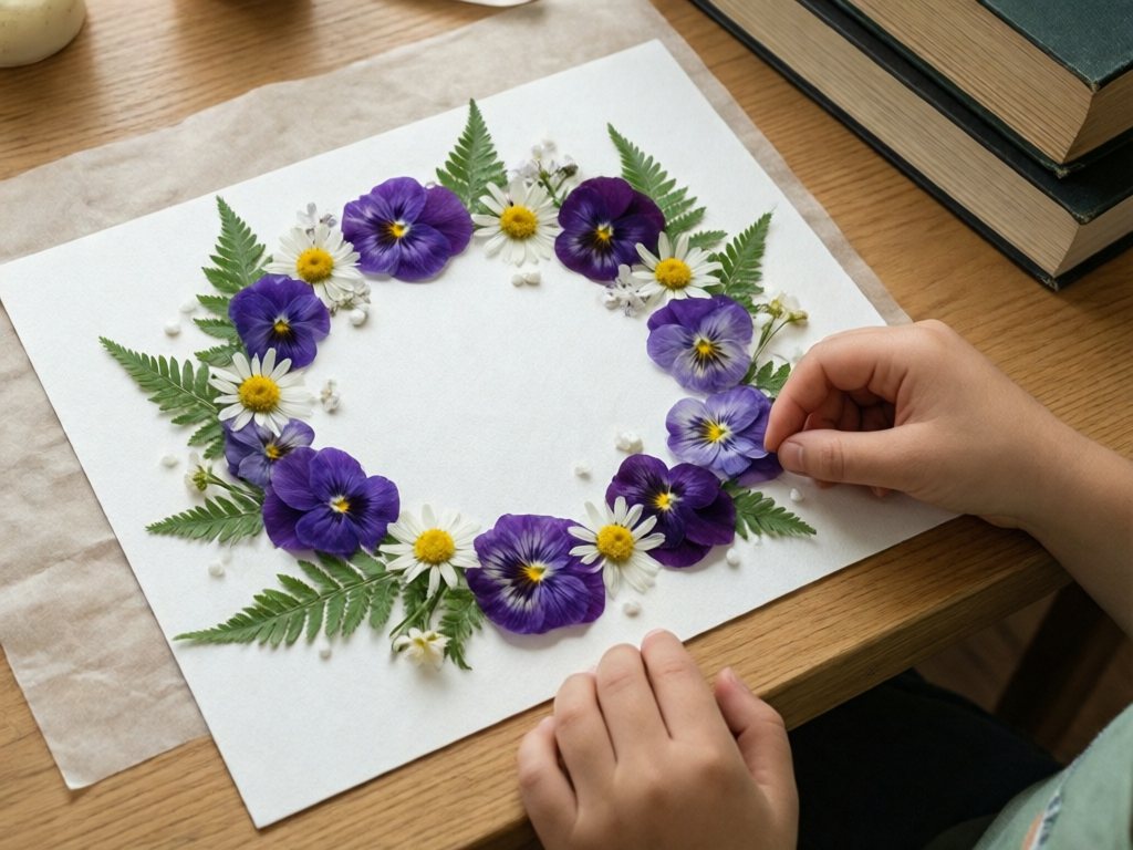 Pressed pansies, daisies and ferns arranged in a wreath on white cardstock, child's hand placing a violet